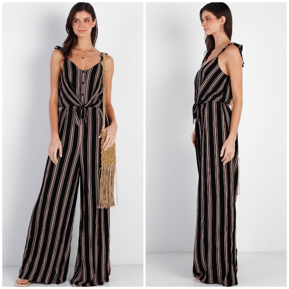 SUGAR+LIPS Boho Chic Black Striped Front Knot Relaxed Fit Jumpsuit - Picture 5 of 5